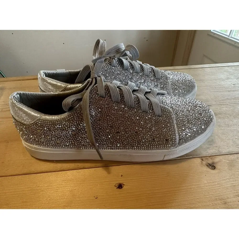 DeBlossom Collection Size 7.5 Silver Rhinestone Shoes Sparkle Swifty Flat Tie - Picture 2 of 9